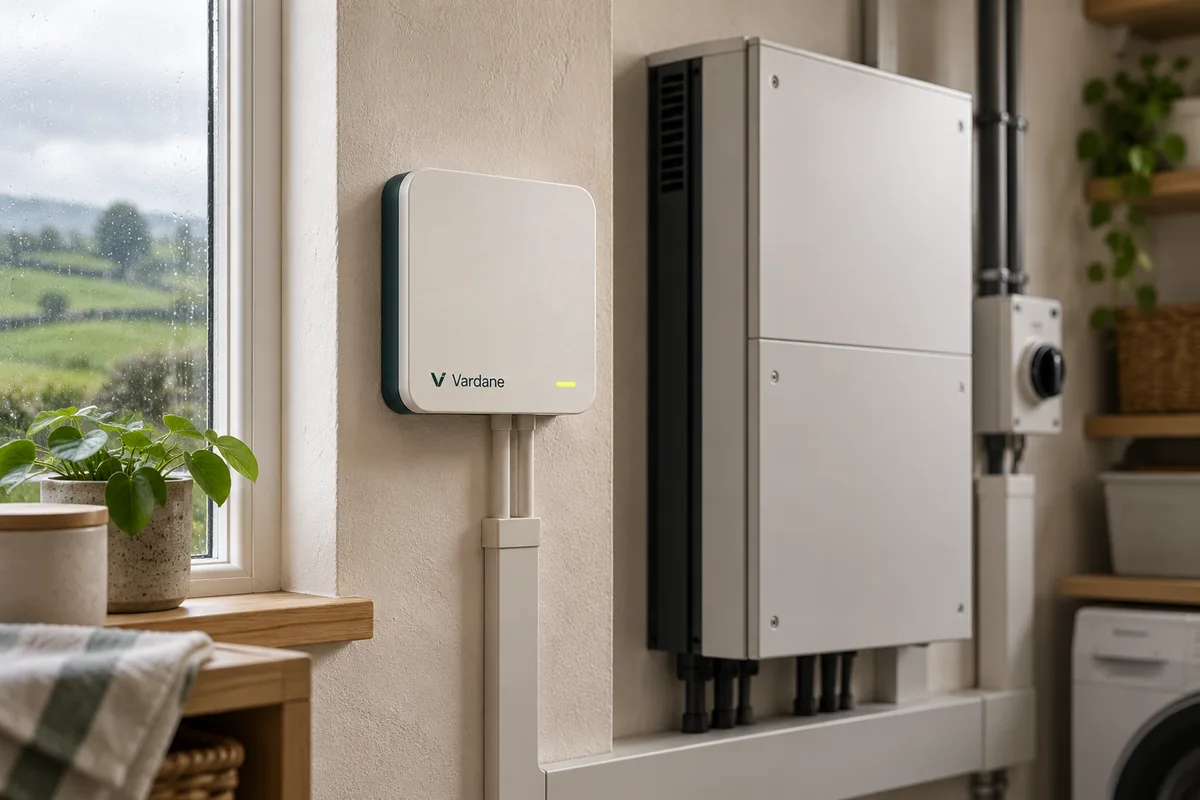 Connected home-energy controller alongside an inverter and battery