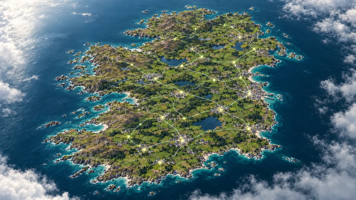 Conceptual aerial view of Ireland with connected homes and illuminated energy links