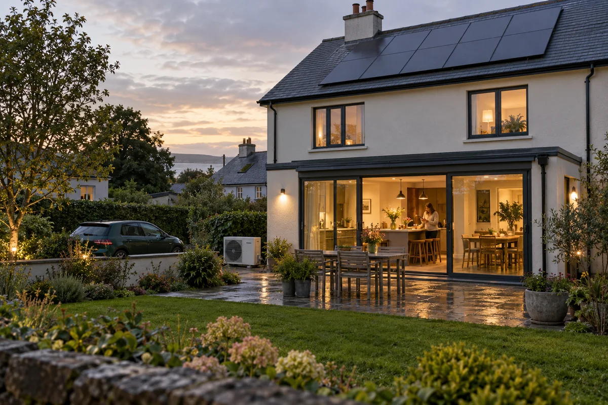 Illustrative Irish home with rooftop solar, an electric vehicle and a warm kitchen interior